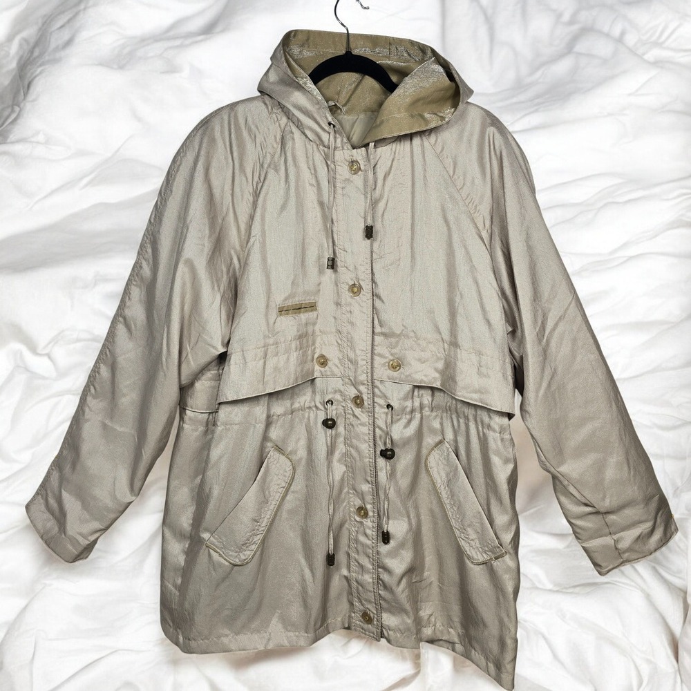 Vintage Current Seen Rain Jacket Women Large Beige Hooded Lightweight Outdoor